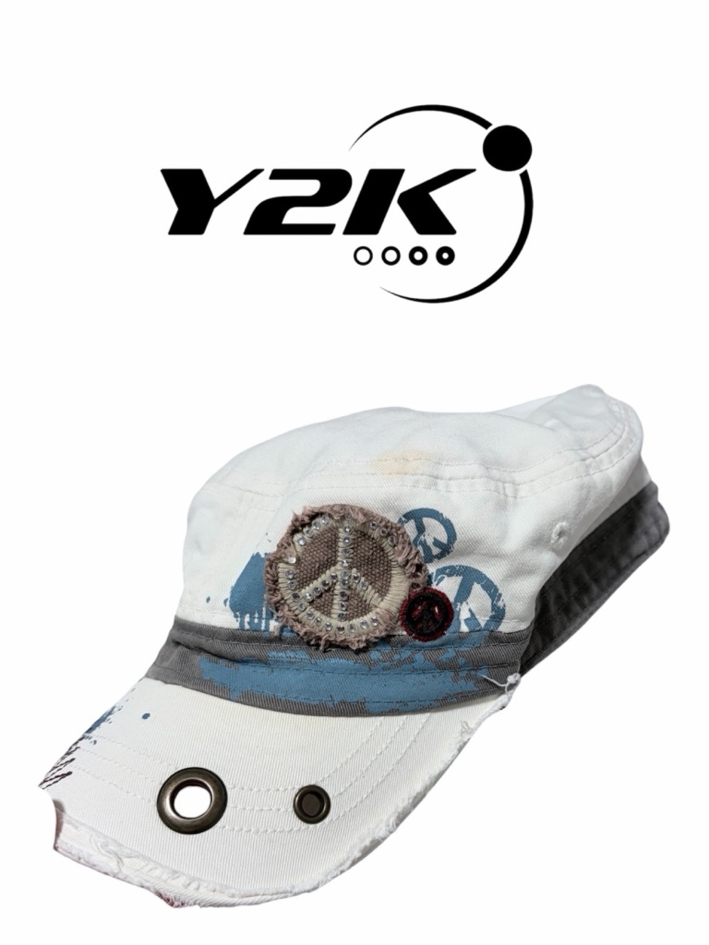 Y2K Distressed Peace Sign Cadet Cap Leader Vintage Aesthetic Military Hat